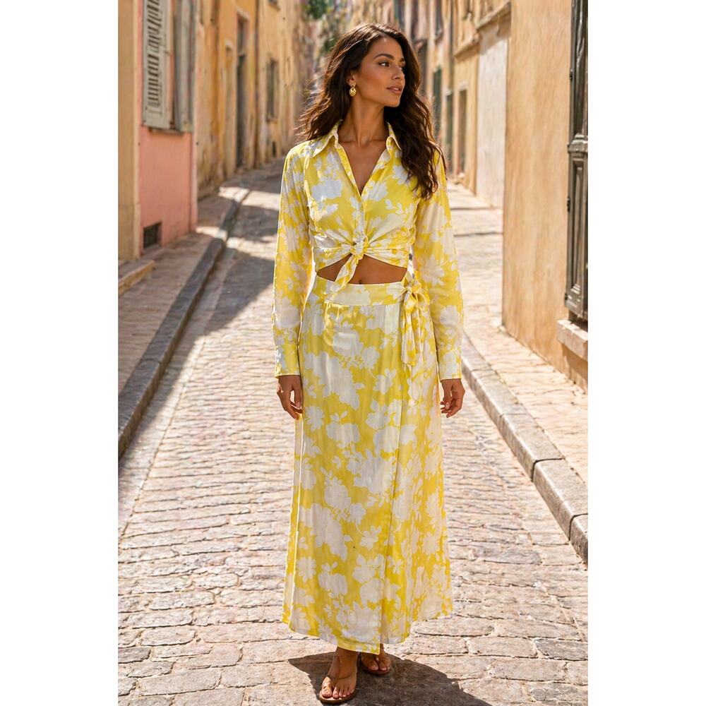 Vintage 1960s Ellen Tracy Skirt Top Set Yellow White Floral Wrap Maxi S